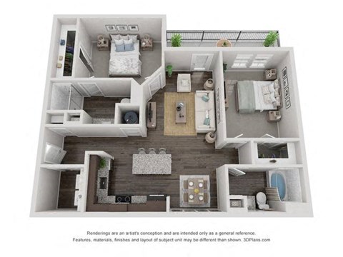 Floor plan for 2 beds, 2 baths, 1136 sqft